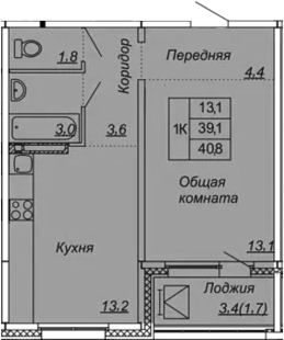 1-комнатная 42 м<sup>2</sup> на 10 этаже 1-комнатная 42 м<sup>2</sup> на 10 этаже
