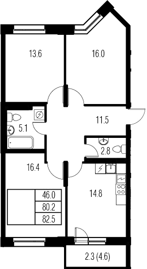3-комнатная 84 м<sup>2</sup> на 5 этаже 3-комнатная 84 м<sup>2</sup> на 5 этаже