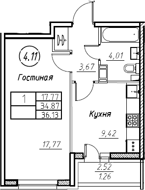 1-комнатная 37 м<sup>2</sup> на 10 этаже 1-комнатная 37 м<sup>2</sup> на 10 этаже