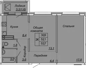2-комнатная 55 м<sup>2</sup> на 9 этаже 2-комнатная 55 м<sup>2</sup> на 9 этаже