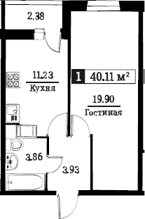 1-комнатная 41 м<sup>2</sup> на 11 этаже 1-комнатная 41 м<sup>2</sup> на 11 этаже
