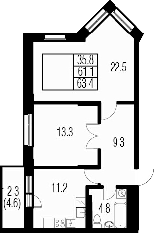 2-комнатная 65 м<sup>2</sup> на 4 этаже 2-комнатная 65 м<sup>2</sup> на 4 этаже