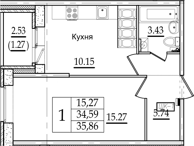 1-комнатная 37 м<sup>2</sup> на 19 этаже 1-комнатная 37 м<sup>2</sup> на 19 этаже