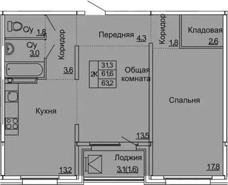 2-комнатная 64 м<sup>2</sup> на 10 этаже 2-комнатная 64 м<sup>2</sup> на 10 этаже