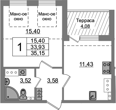1-комнатная 38 м<sup>2</sup> на 5 этаже 1-комнатная 38 м<sup>2</sup> на 5 этаже