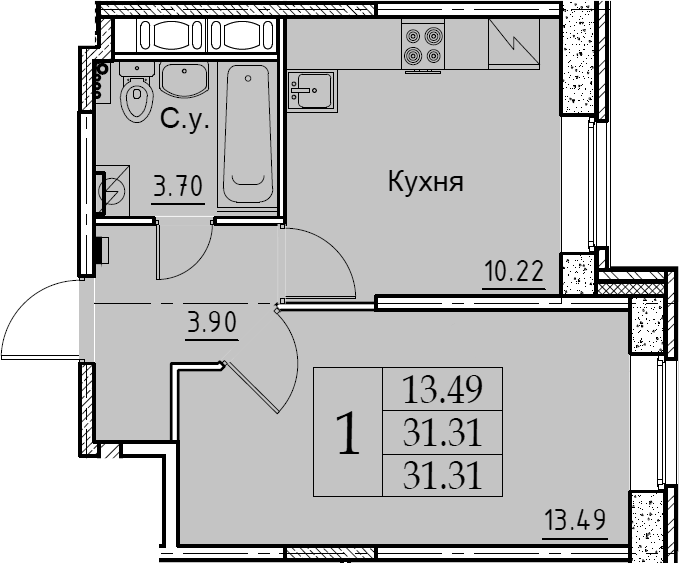 1-комнатная 31 м<sup>2</sup> на 1 этаже 1-комнатная 31 м<sup>2</sup> на 1 этаже