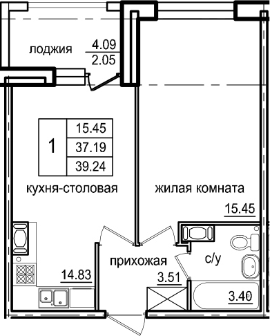 1-комнатная 41 м<sup>2</sup> на 4 этаже 1-комнатная 41 м<sup>2</sup> на 4 этаже