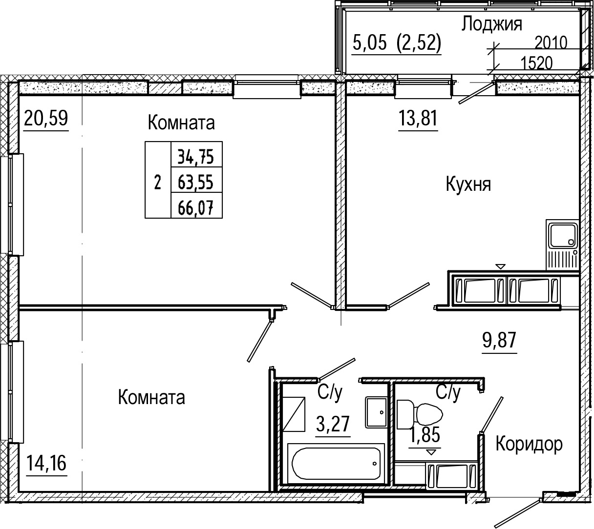 2-комнатная 68 м<sup>2</sup> на 24 этаже 2-комнатная 68 м<sup>2</sup> на 24 этаже