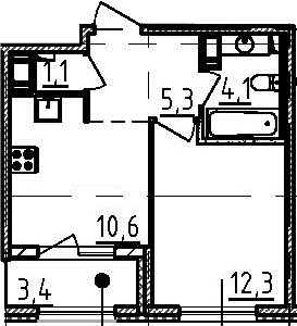 1-комнатная 36 м<sup>2</sup> на 4 этаже 1-комнатная 36 м<sup>2</sup> на 4 этаже