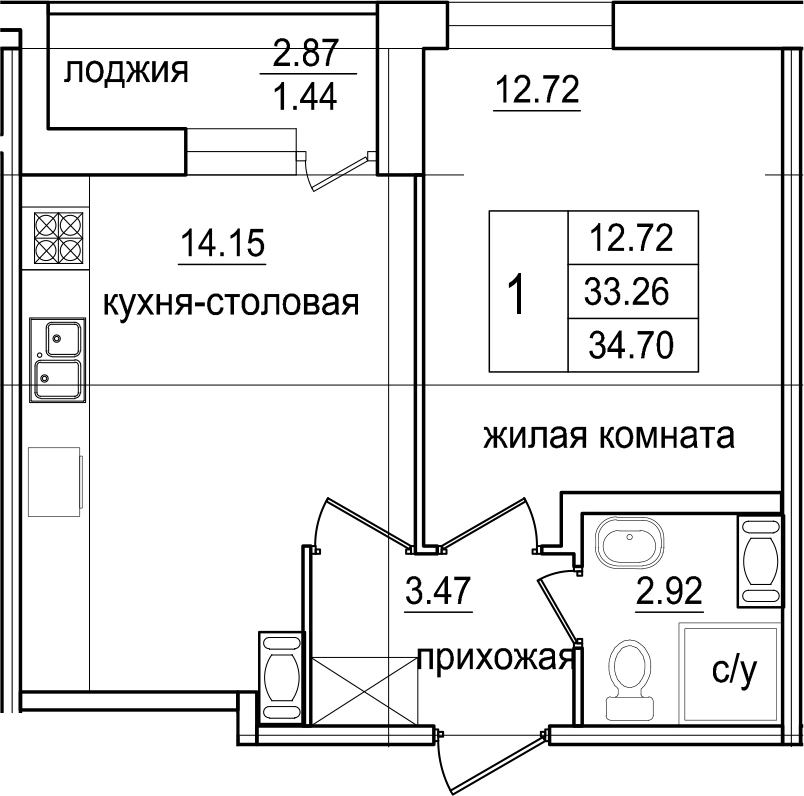 1-комнатная 36 м<sup>2</sup> на 13 этаже 1-комнатная 36 м<sup>2</sup> на 13 этаже