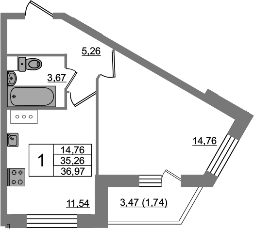1-комнатная 38 м<sup>2</sup> на 4 этаже 1-комнатная 38 м<sup>2</sup> на 4 этаже