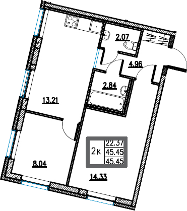 2-комнатная 45 м<sup>2</sup> на 2 этаже 2-комнатная 45 м<sup>2</sup> на 2 этаже