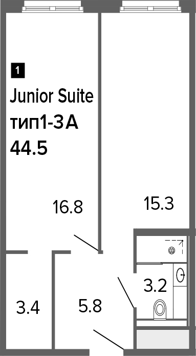 2-комнатная 44 м<sup>2</sup> на 3 этаже 2-комнатная 44 м<sup>2</sup> на 3 этаже