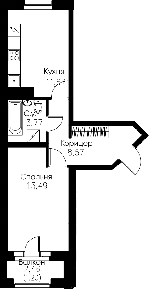 1-комнатная 39 м<sup>2</sup> на 7 этаже 1-комнатная 39 м<sup>2</sup> на 7 этаже