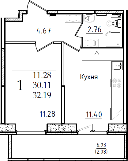 1-комнатная 37 м<sup>2</sup> на 2 этаже 1-комнатная 37 м<sup>2</sup> на 2 этаже