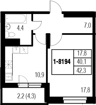 1-комнатная 44 м<sup>2</sup> на 19 этаже 1-комнатная 44 м<sup>2</sup> на 19 этаже