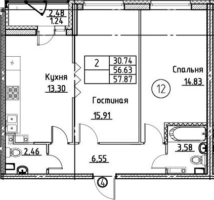 2-комнатная 59 м<sup>2</sup> на 2 этаже 2-комнатная 59 м<sup>2</sup> на 2 этаже