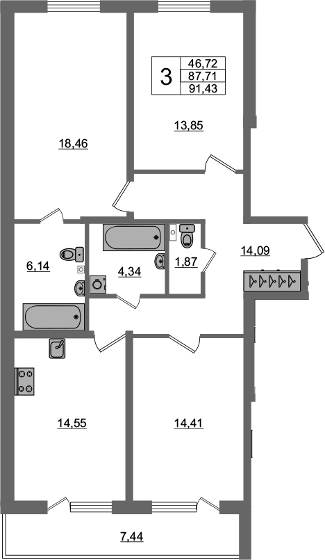 3-комнатная 87 м<sup>2</sup> на 1 этаже 3-комнатная 87 м<sup>2</sup> на 1 этаже