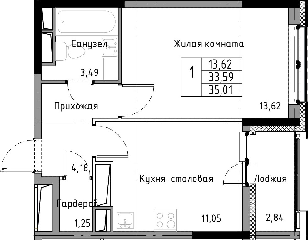 1-комнатная 36 м<sup>2</sup> на 10 этаже 1-комнатная 36 м<sup>2</sup> на 10 этаже