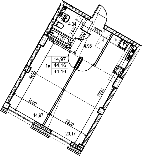 2-комнатная 44 м<sup>2</sup> на 3 этаже 2-комнатная 44 м<sup>2</sup> на 3 этаже