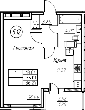 1-комнатная 37 м<sup>2</sup> на 3 этаже 1-комнатная 37 м<sup>2</sup> на 3 этаже