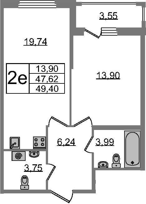 2-комнатная 51 м<sup>2</sup> на 2 этаже 2-комнатная 51 м<sup>2</sup> на 2 этаже