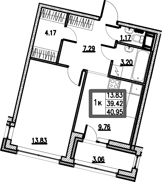 1-комнатная 42 м<sup>2</sup> на 3 этаже 1-комнатная 42 м<sup>2</sup> на 3 этаже