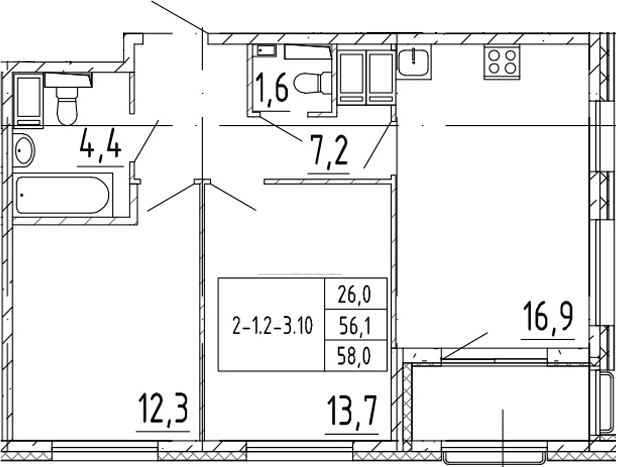 3-комнатная 59 м<sup>2</sup> на 15 этаже 3-комнатная 59 м<sup>2</sup> на 15 этаже